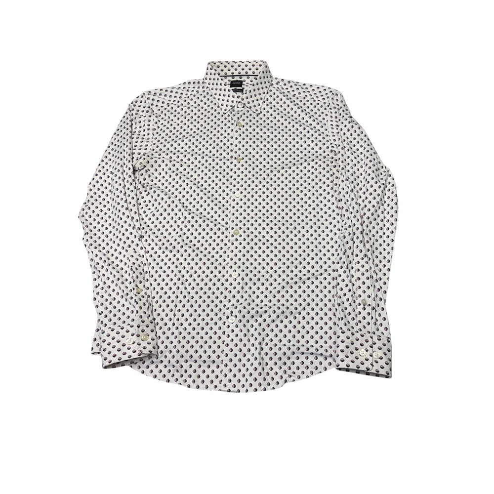 Hugo Boss Slim Fit Shirt Mens Large White Pink Navy Geometric Italian Fabric